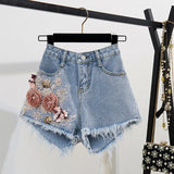 Cotton T-Shirt Tops + Short Jeans 2 Pieces Sets 2024 New Summer Women's Denim Pants Outfits 3D Flowers Beading