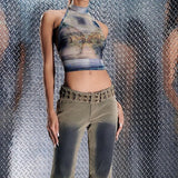 Zingj Women's Fall 2023 New Sexy Hollow-Out Retro Print High Neck Strap Crop