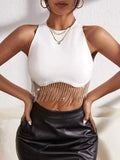 New Hot Girls Sexy Solid Color Water Drill Tassel Vest Sleeveless Neck