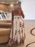 Flower Printed Large Hem Strap Long Dress For Women Elegant Square Neck Sleeveless Maxi Dresses Lady Party Holiday