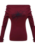 Spider Print Off Shoulder Slim Long Sleeve TeeOutfit