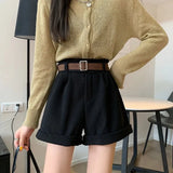 Shorts Women Retro High Waist Casual Wide Leg Fashion Solid All-match Ladies Ulzzang Simple Loose Streetwear