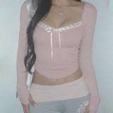 Desire Atmosphere Tie-Up Small Sexy Square Collar Low-Cut Slim Pink Long-Sleeved T-Shirt 2024 Spring / Summer New