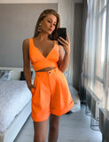 Summer V Neck Strap Crop Top + High Waist Shorts Women's Solid Color