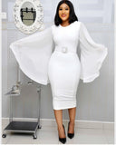 Elegant Party Dress Women 2023 Black Office Fashion Chiffon Flare Long Sleeve Sexy Bodycon Belt Ladies Autumn Midi