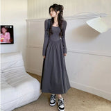 Zingj Desire Wind Temperament Long Sleeve Dress Female Autumn Dress 2024 New Splicing Fold Closed Waist Show Thin Long Skirt-Outfit