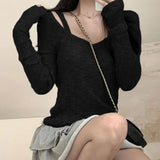 Color Simple Pit Strip Slimming Retro Fashion Single Bare Shoulder Long Sleeved Two-Piece Blouse 2024 Spring / Summer New