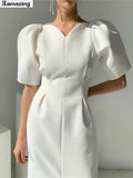 Women Short Puff Sleeve Summer Dress 2022 Korea Style Office Lady One Piece Slim Waist Female Fashion Clothes