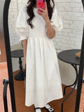 Kitty Normcore Chic Lantern Sleeves Maxi Dress Women Hollow Out Summer 2022 Slim Close Waist Solid New Sweet Casual
