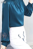 Women's Blouse Silk Tops for Women Solid Embroidered Long Lantern Sleeve Top Stand Neck Clothing Female 2023 Basic