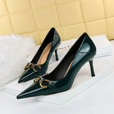 Zingj High-Heeled Women's Shoes Fine Heel Bright Face Lacquer Leather Shallow Mouth Tip OL High Heel Metal Belt Buckle Single