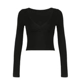 Solid Color Large V-Neck Cross-Bottomed Blouse Hot Girl Sexy Short Navel Tight Long-Sleeved T-Shirt