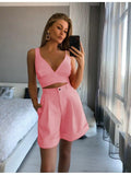 Summer V Neck Strap Crop Top + High Waist Shorts Women's Solid Color