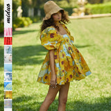 Printed Square Collar Lantern Short High Waist Sleeve Women's Backless Puffy