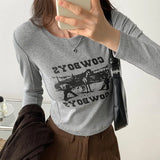 Shoulder Round Collar Long-Sleeved T-Shirt Women's Early Autumn New High-Waisted Spicy Girls Short Style