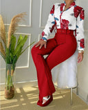 Trend Casual Leaf Print Buttoned Shirt &amp; High Waist Pants Sst Two Pieces Set Women Tracksuit Office