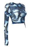 Mesh Long Sleeve Marble Print Crop Top- Outfit