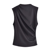 Spring Pleated Sleeveless Blouse With Round Collar