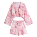 Piece Set For Women Matching Sets 2022 Tie Dye Print Casual Summer Sets V Neck Crop Top And Elastic High Waist Shorts