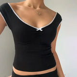 Trend Sweet And Spicy Style Small Sexy V-Collar Bow Splicing Color Slimming Vest T-Shirt 2024 Spring / Summer New