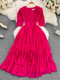 Women Pleated Long Dress Vintage V-Neck Short Sleeve High Waist A-Line Green/Blue/Brown Big Swing Maxi Vestidos