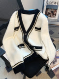 Fragrance Autumn Patchwork V-neck Mink Fleece Cardigan Jacket Long Sleeve Single Breasted Women's Elegant Sweater