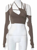 Women Halter Tops Gothic egirl Patchwork Long Sleeve Crop Top Sexy Cut Out Casual
