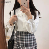 Shirts Women Solid Peter Pan Collar Flare Sleeve Elegant Sweet Harajuku Students Womens All-match OL Fashion Chic