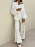 Women Elegant White Flared Pants 2 Piece Set Fashion Loose V Neck Lantern Sleeve Buttons Shirt Suits Summer Office Lady