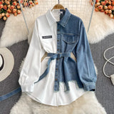 Zingj Spliced Corduroy Lapel Dress 2023 Autumn And Winter New Korean Version Waist Shows Thin Irregular Medium