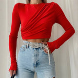 Solid Color Women Wrinkled Style Summer Crop Tops Female Long Sleeve T-shirt New Chic Club