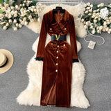 Retro Long-Sleeved Gold Velvet Dress Women's High-End Light Extravagant Suit Collar Waist Metal Button Medium