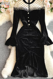 Women Black Mesh Patchwork Velvet Party Dress Elegant Stand Collar Flare Long Sleeve Ruffle Mermaid Robe Female 2023