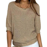 New Solid Color Round Knit Shirt Women Commuting Elegant Seven-Sleeve Top Air-Conditioning