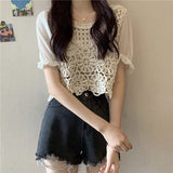Women Office Lady Sweet Hollow Out Casual O-neck Puff Sleeve Trendy All-match Ins Popular Tops Tee Korean Style