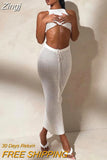 Women Knitted Two Piece Set Crochet Hollow Out Backless Tie Up Bandage Crop Top Vest Wrap Bodycon Long Skirts