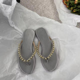 Pearl Leather Flat-Bottomed Flip-Flops Women Wear The New Summer 2025 Summer New Trendy Beach Feet Cool