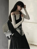 Spring Slim Fit Two Pieces Set Women Grunge Solid Pleated Split Tops + Sleeveless Solid One Shoulder Vest Y2k