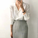 V-neck Office Shirt Korean Long Sleeve Polo Collar Women Clothing Solid Chiffon Blouse Womens Tops