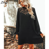 Black Lace Trumpet Sleeve Mini Dress For Women Sexy Loose Party Shift Dress 2023 Spring Autumn Female A-line