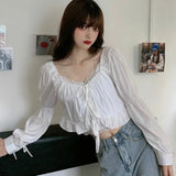 Women Slim Tender Temperament Spring Long Sleeve Lady Blouses Lace-up Solid All-match Breathable Stylish College Crop