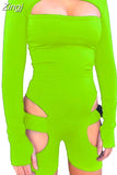 Women Bodycon Buckle Cut Out Biker Rompers Sexy Long Sleeves Hollow Out Clubwear Bodysuit One Piece Short Jumpsuit