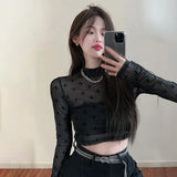Women Slim Retro Floral Mesh T-shirt Fashion Long Sleeve Sexy Style Spring Summer Fashionable Blouses Female Thin