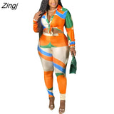 Femme Print Jacket & Trousers Office Lady Outfits Autumn Women two Pieces set Chain Print Button Coat & Pants Suit