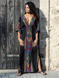 Quick-drying Black Indie Folk Embroidered Long Summer Beach Dress Moroccan Kaftan Plus Size Women Beachwear Maxi Dress