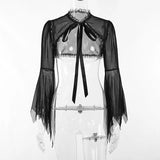 Vertical Collar Lace Splicing Strap Burnt Cuff Blouse Dark Wind Short Style Perspective Blouse