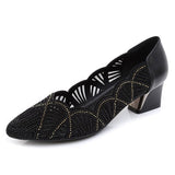 Rhinestone Pointed Toe Gauze Pumps Cut Outs Women Shoes Genuine Leather Comfortable High Heels Shoes Big Size