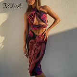 2021 Summer Sexy Print Outfits Party Two Piece Set Halter Neck Top Crop And Midi Bodycon Skirt Set