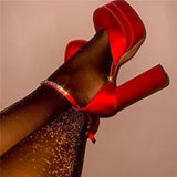 Onlymaker Square Toe Sandals Platform Thick High Heels Solid Mixed Colors Crystal Buckle Stain Sandals Graceful Women