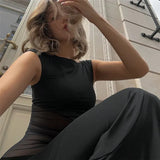 Black Mesh Spliced Design Short Sleeve Maxi Dress- Outfit